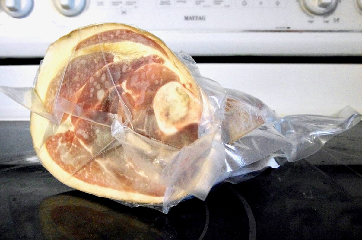 A locally bought frozen ham from a pig born, raised, slaughtered and its meat sold within Manitoba.