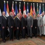From left New Brunswick agriculture minister Pat Finnigan, PEI minister Bloyce Thompson, Alberta minister RJ Sigurdson, Ontario minister Trevor Jones, Manitoba minister Ron Kostyshyn, federal minister Heath MacDonald, BC minister Lana Popham, Sask minister Daryl Harrison, Nova Scotia Greg Morrow and John Streicker from Yukon.