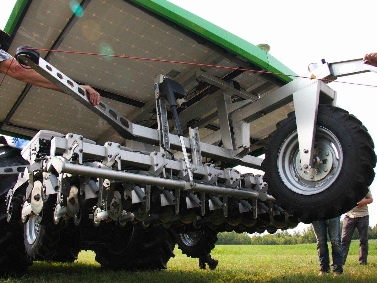 A view of the underside of the FarmDroid seeder and weeder.
