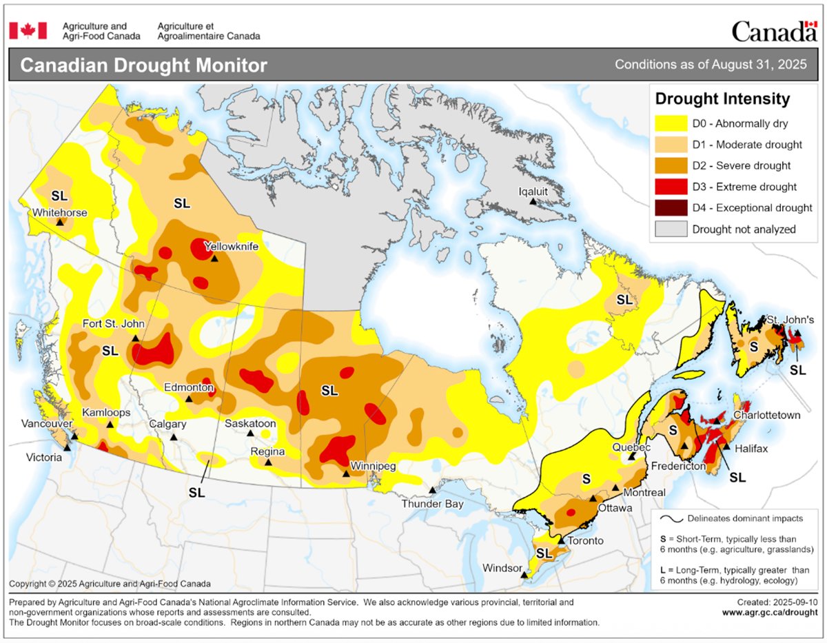 The most recent map (August 31, 2025) from the Canadian Drought Monitor website showing much of the crop growing regions of the Prairies still suffering moderate to severe drought
