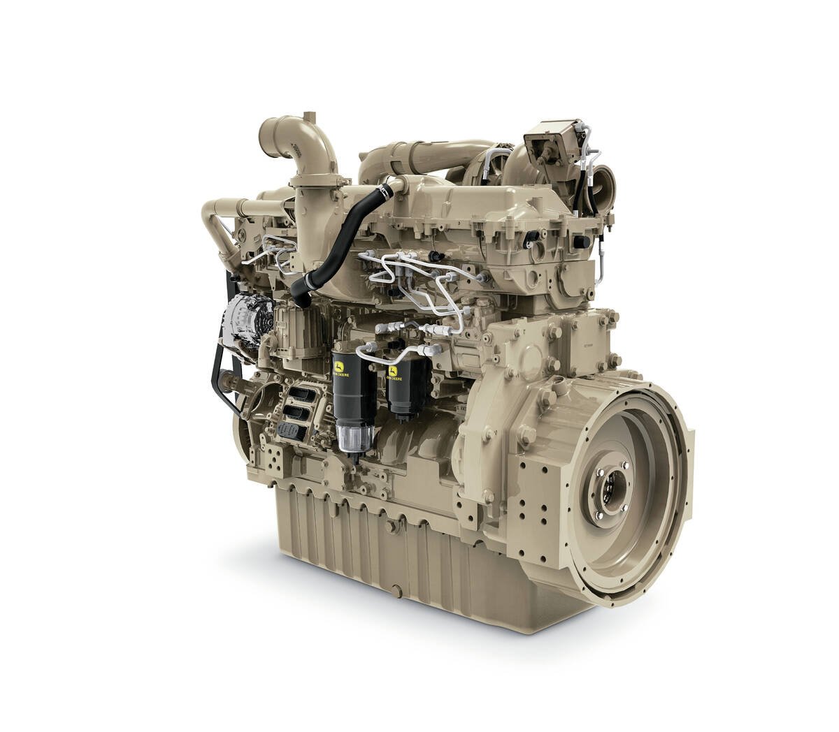 A promotional photo of a John Deere Tier 4 diesel engine against a white background.
