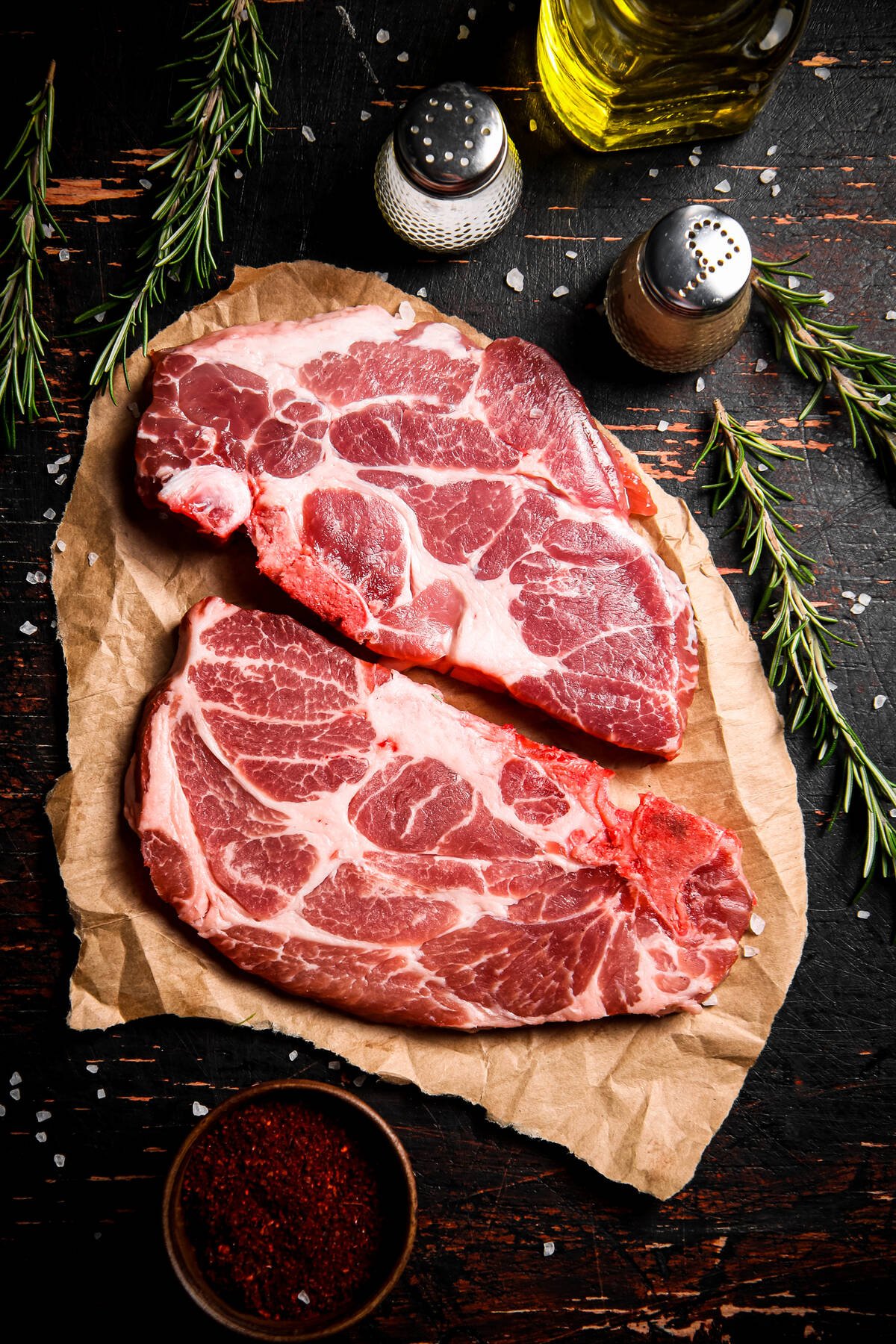 Two pieces of marbled pork sit on some butcher's paper next to some salt, pepper and rosemary on a tabletop.