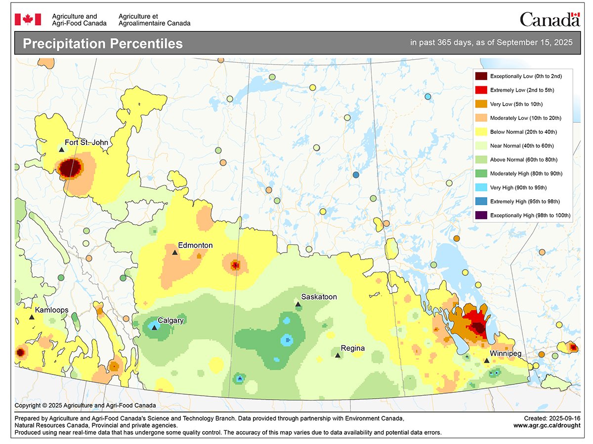 An Agriculture and Agri-Food Canada map showing the amount of precipitation that has fallen across the Prairies over the last 365 days as a percentile.