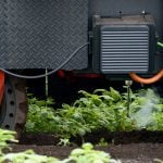 Smoke can be seen rising from near a metal "arm" hanging beneath a machine that has been inserted into a crop by a robotic weeding machine to zap weeds with a laser.