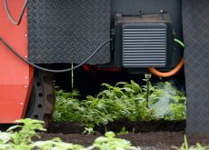 Smoke can be seen rising from near a metal "arm" hanging beneath a machine that has been inserted into a crop by a robotic weeding machine to zap weeds with a laser.