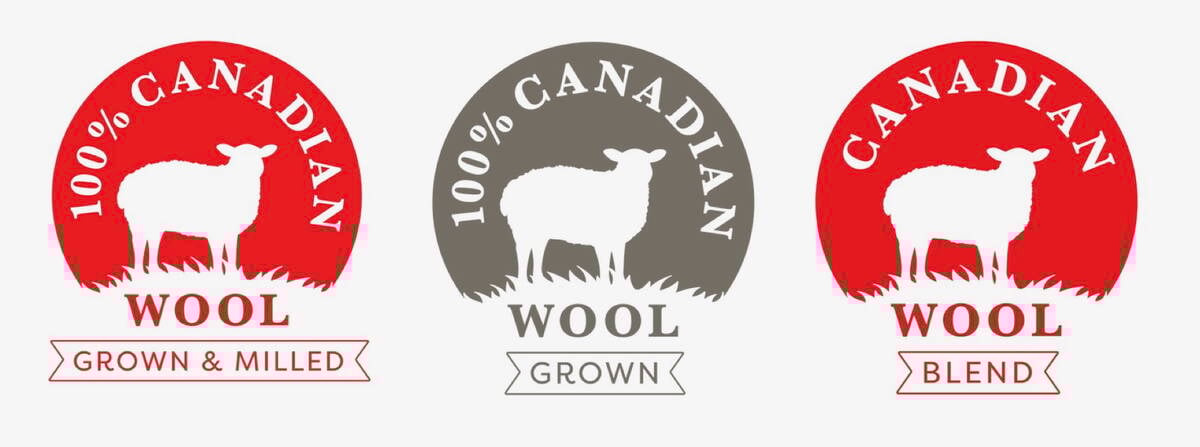 A graphic with three logos each featuring ing the silhouette of a sheep denoting different levels of Canadian wool production under the Canadian Wool Collective's domestic-made certification program.