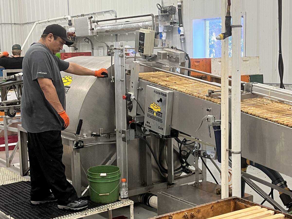 A worker at a honey processing facility overlooks a machine that extracts raw honey from the "frames" that collect in inside the bee hive.