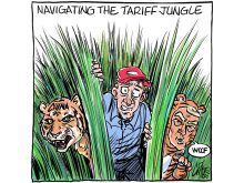 A cartoon depicting a farmer in a red ball cap peering nervously out of some long grass between a tiger with "China" written on its head and a a Trump-like character wearing a tiger costume.