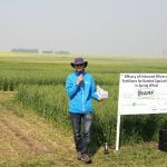 A man in a Tilley hat stands in front of a research plot next to a sign that reads, "Efficacy of Enhanced Efficiency Fertilizers for Banded Application in Spring Wheat."