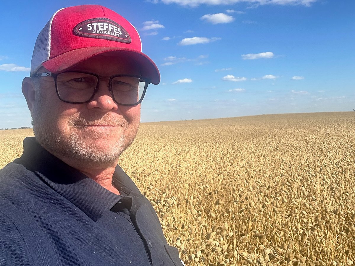 A man in a "Steffes Auctioneers" ball cap and wearing glasses takes a selfie standing in a crop on a sunny summer day.