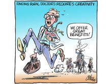 A cartoon featuring a man in a white lab coat with a stethoscope around his neck, carrying an "MD" bag, running from a group of three cowboys on horseback, each with a lassoo. One of the riders is saying, "we offer great benefits!" The title of the cartoon is "Finding Rural Doctors Requires Creativity."