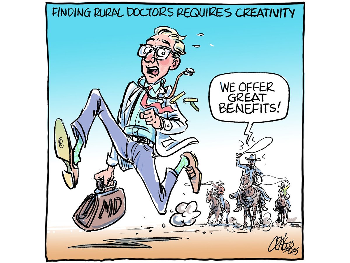 A cartoon featuring a man in a white lab coat with a stethoscope around his neck, carrying an "MD" bag, running from a group of three cowboys on horseback, each with a lassoo. One of the riders is saying, "we offer great benefits!" The title of the cartoon is "Finding Rural Doctors Requires Creativity."