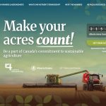 A screencap from the Make Your Acres Count website showing a combine in a wheat field augering grain into a cart pulled by a tractor with a counter showing all the acres in Alberta farmed using 4R nutrient stewardship principles.