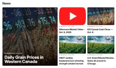 A screencap of the Western Producer Markets page, showing pictures and links to the day's markets-related stories and videos.