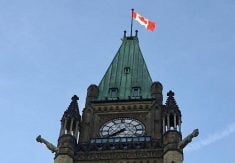 A Canadian flag flies at the top of the Peace Tower on Parliament Hill in Ottawa.