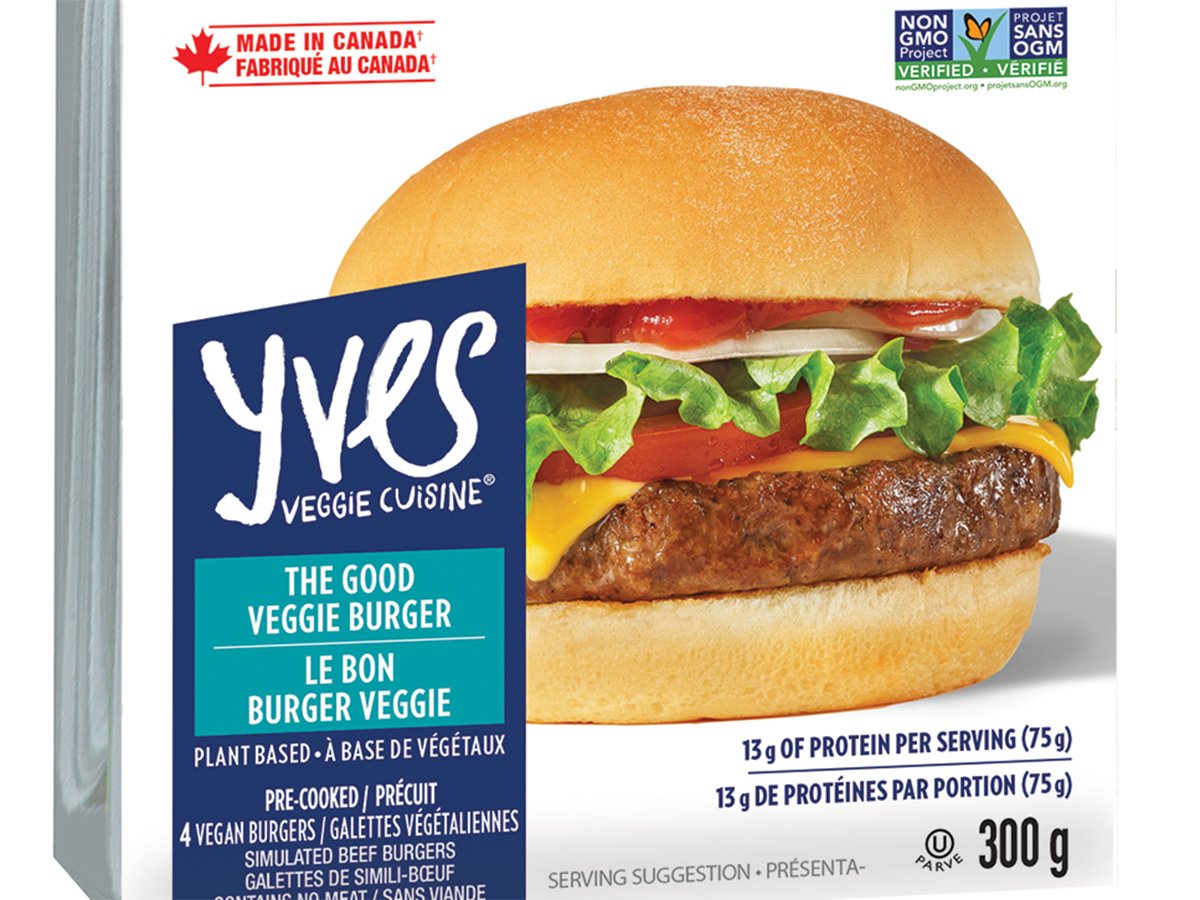 Screencap of an Yves Veggie Cuisine plant-based vegan burger package called,
