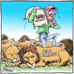 An editorial cartoon depicting a sweating farmer with a bag of seed on his shoulder labelled, "GMO variant" tip-toeing among a herd of sleeping lions, one of whom has one eye open as if awakening and the words, "GMO alarmist" on his side.