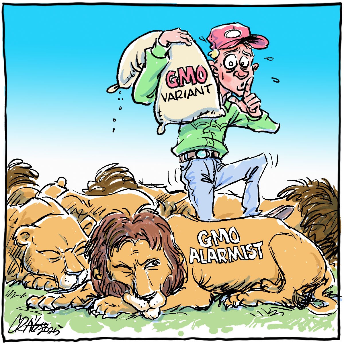 An editorial cartoon depicting a sweating farmer with a bag of seed on his shoulder labelled,