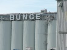 The "BUNGE" sign atop a grain terminal facility.