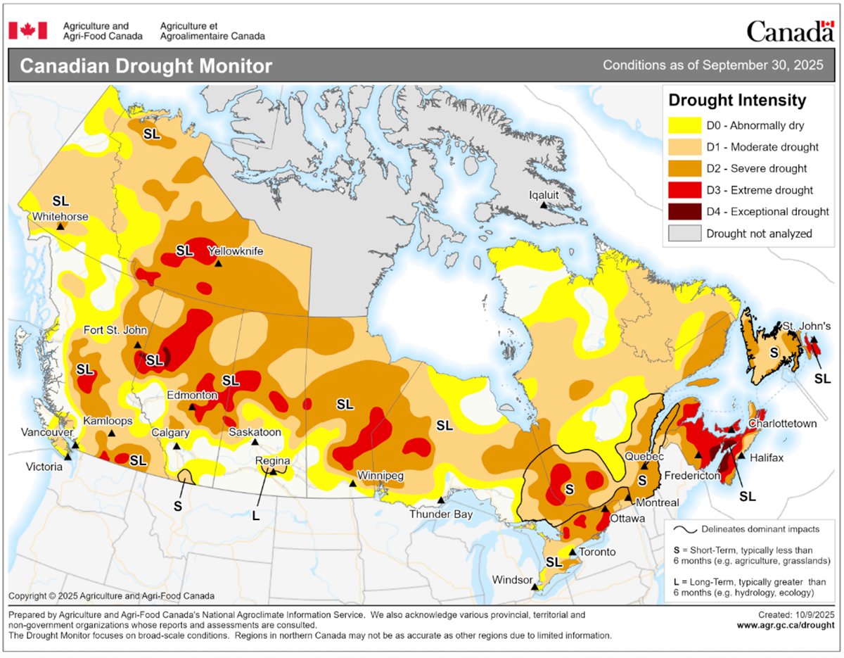 A "Canada Drought Monitor" map issued September 30 showing widespread "severe" and "extreme" drought conditions persisting across the country.