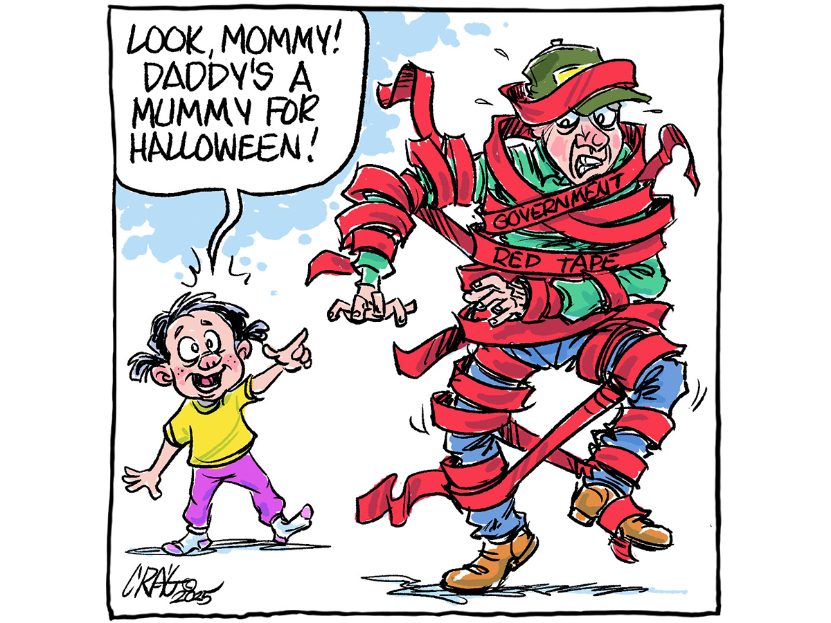 A cartoon showing a farmer wrapped in red tape that says, 'Government Red Tape' on it, with a child nearby saying,