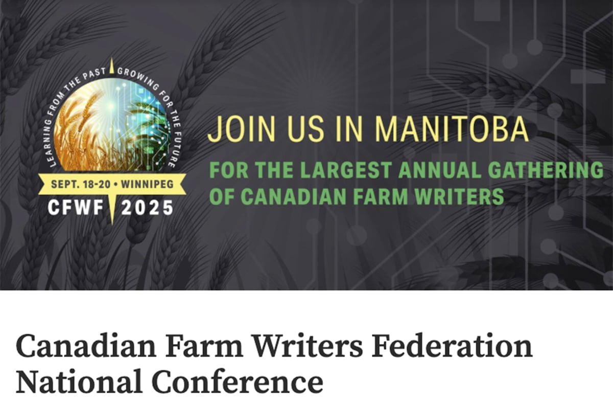 Screencap of the Canadian Farm Writers Federation annual conference poster promoting the September 2025 event in Winnipeg.
