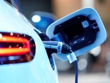 A charging port is seen on a Mercedes Benz EQC 400 4Matic electric vehicle at the Canadian International AutoShow in Toronto.