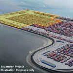 An aerial graphic rendering of what the GCT Deltaport Berth 4 Expansion Project will look like.