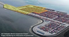 An aerial graphic rendering of what the GCT Deltaport Berth 4 Expansion Project will look like.