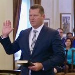 RJ Sigurdson, MLA for Highwood, is sworn in on June 9, 2023 as Alberta’s minister of agriculture and irrigation. (Government of Alberta video screengrab via YouTube)
