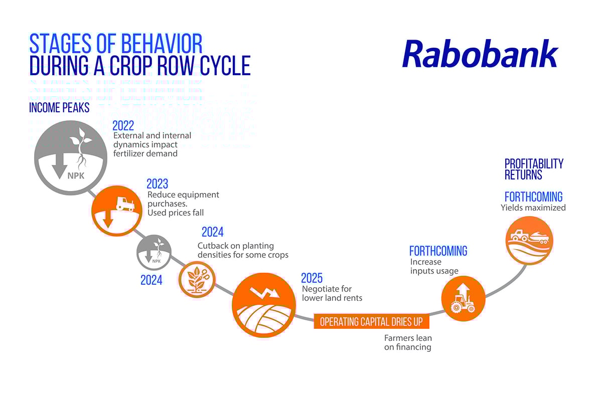 A Rabobank graphic showing the "Stages of Behavior During a Crop Row Cycle." 2025 is at the bottom of the "trough" with the graph rising upward from here.
