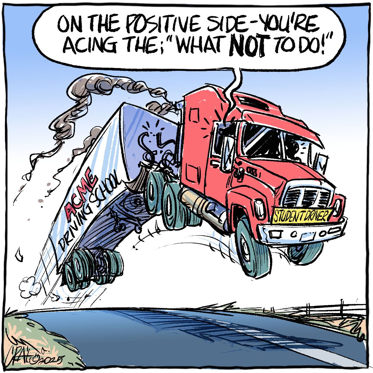 An editorial cartoon showing a semi truck, airborn, coming over a hill with a