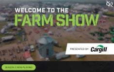 Screencap of the "Welcome to the Farm Show" title screen from the documentary of the same name that explores the "behind the scenes" side of what it takes to produce the Ag in Motion farm show near Langham, Saskatchewan.