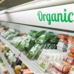 A close-up of the green "Organic" script on a white background labelling a section of a cooler in a grocery store, with packaged tomatoes and other types of organic produce on the shelves beneath it.