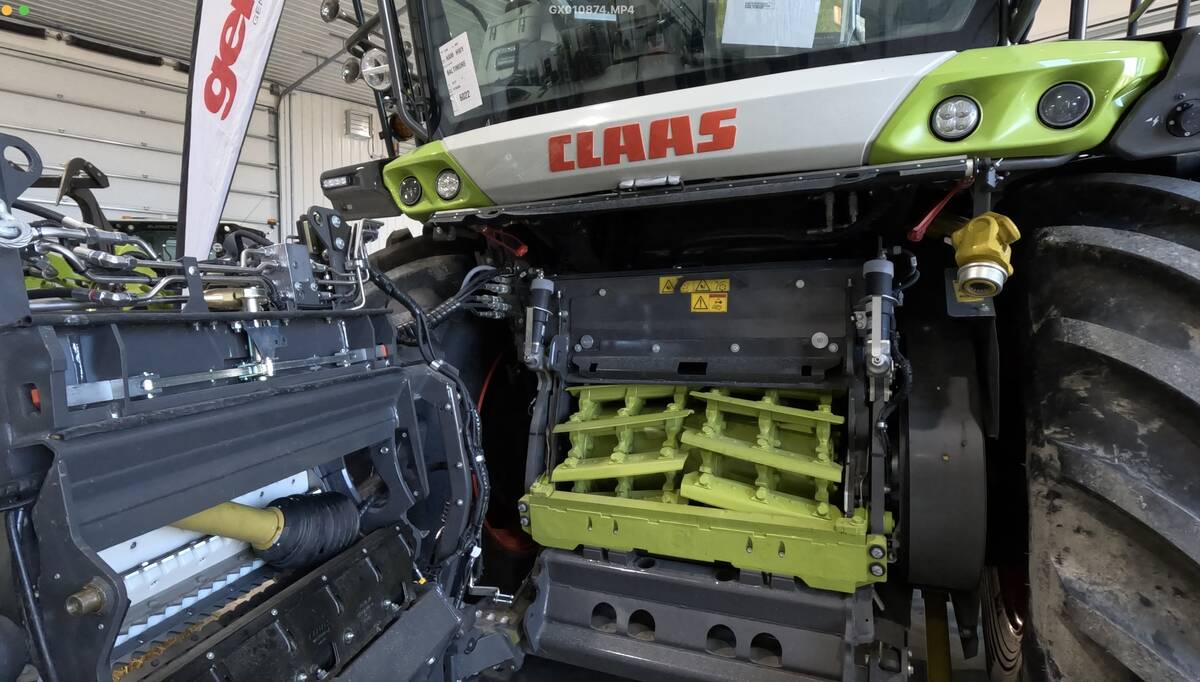 A close-up view of the chopping cylinder on a new Claas forage harvester.