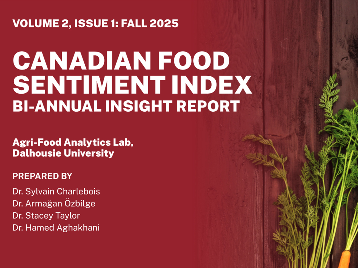 A screencap of the cover of the "Canadian Food Sentiment Index" report from Dalhousie University's Agri-Food Analytics Lab for 2025.