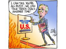 An editorial cartoon depicting Canadian Prime Minister Mark Carney, standing at a red line representing the Canada U.S. border, flames visible on the U.S. side of the border, and Carney is saying, "I can see you're all busy - we can talk trade deals another time!"