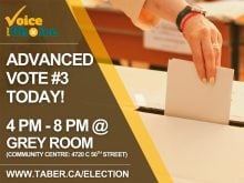 A woman's hand is seen inserting a folded ballot into a ballot box next to the text, "Advanced Vote #3 Today!"