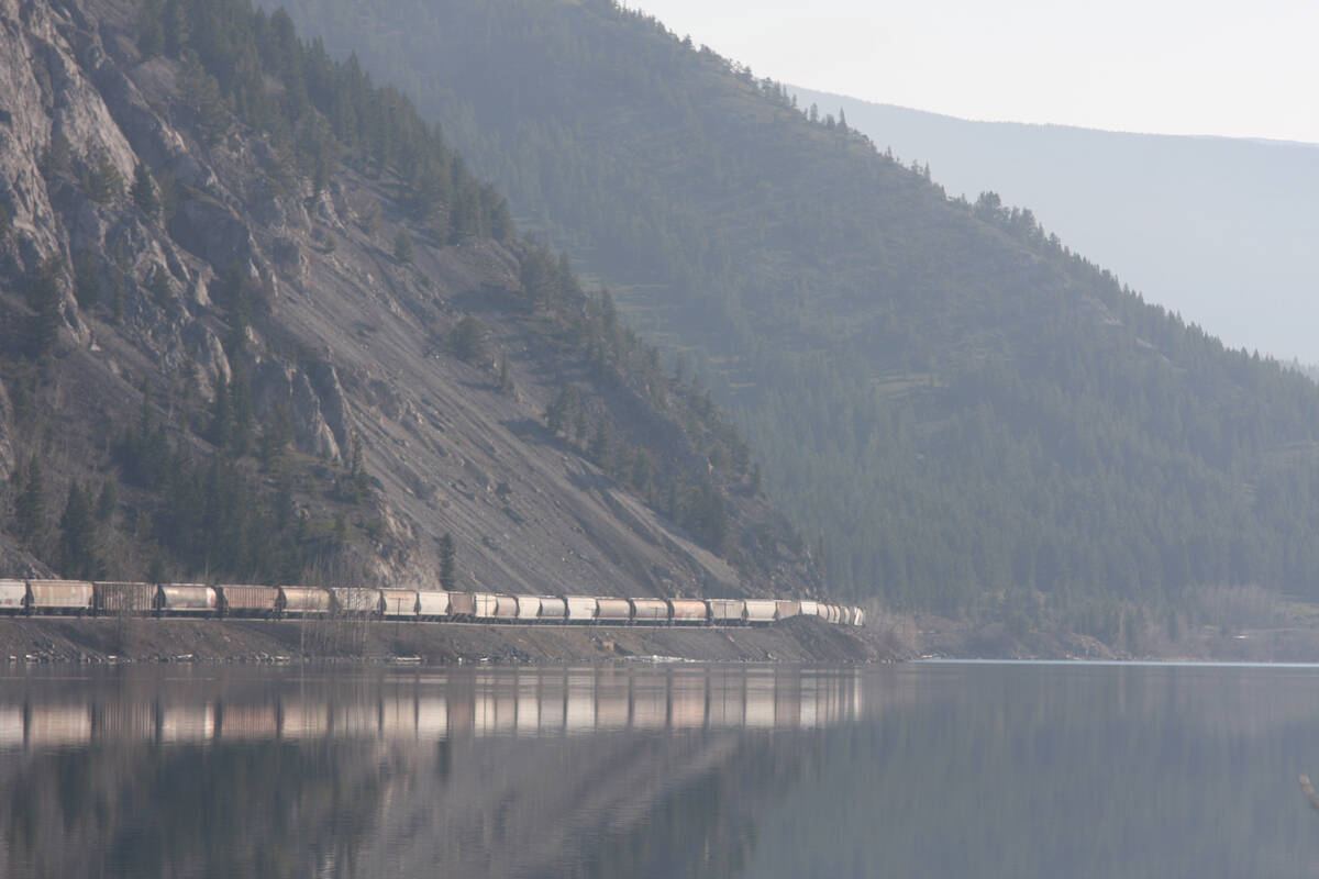A train carrying prairie grain rounds a mountain along Crowsnest Lake in southwestern Alberta.