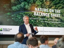 Volkert Engelsman of the Robin Food Coalition speaks at a meeting in Rotterdam in April, 2025.