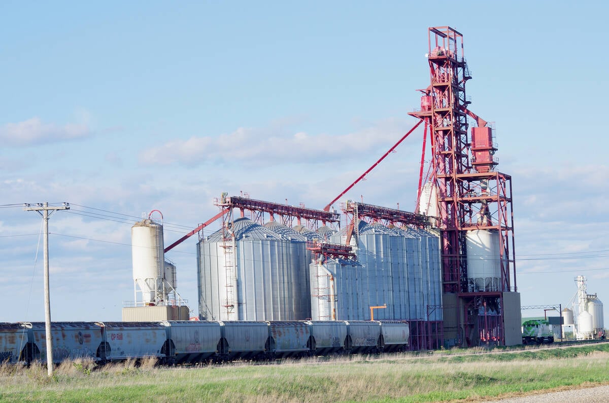 A train of grain cars stops at Cargill's elevator near Nesbitt, Manitoba.