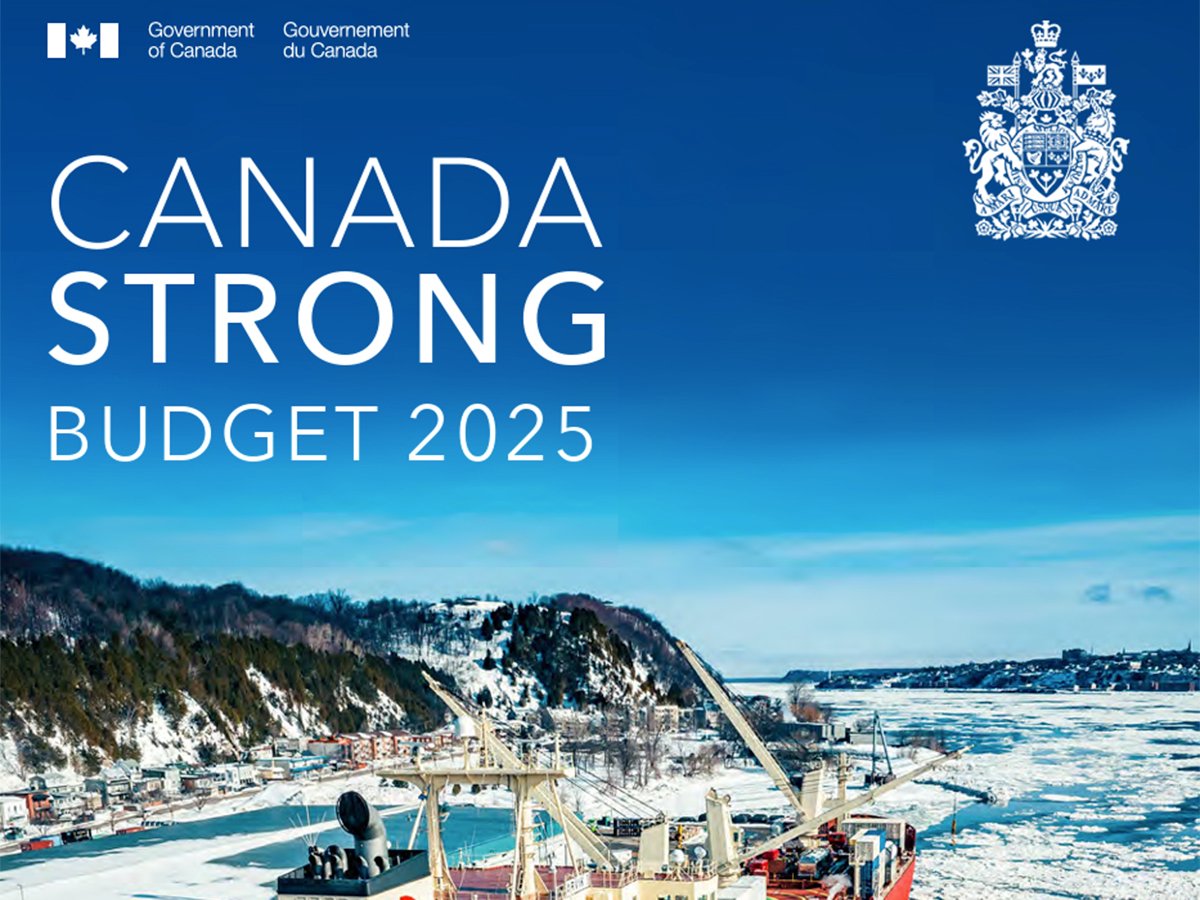 A screencap of the cover of the federal 2025 budget, showing a ship at dock in icy waters in a northern port, with the title, 