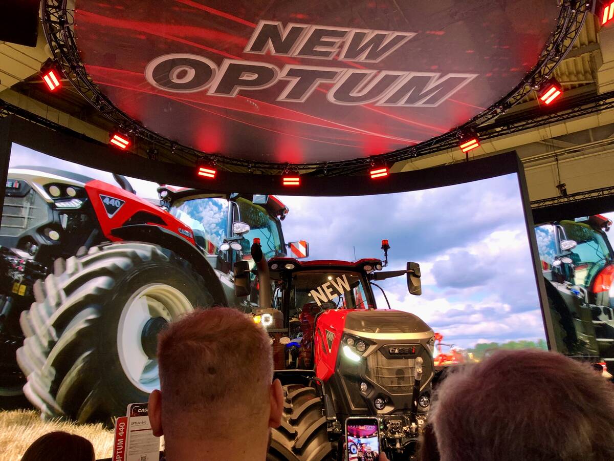 Case IH's new Optum 440 tractor on display moments after the curtain was dropped on the first day of Agritechnica 2025, on November 9, in Hannover, Germany.