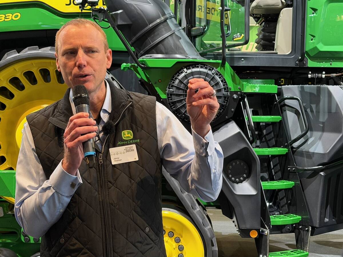 Jahmy Hindman, chief technology officer at John Deere in front of a 9R tractor at Agritechnica 2025.