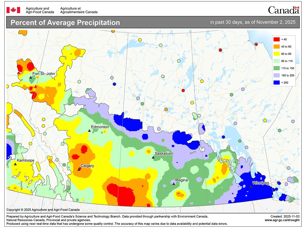 An Agriculture and Agri-Food Canada map of the Prairies entitled, "Percent of Average Precipitation" showing large patches of the Prairies received well-above normal precipitation in October.
