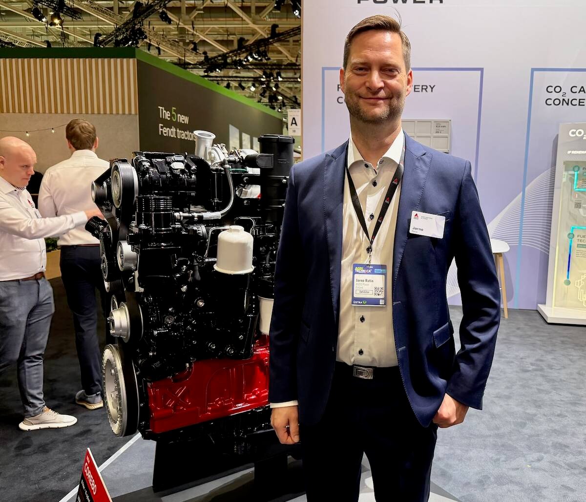 Jarno Ratia, director, sales and marketing and project management for Agco Power with the company's new Core 80 engine at Agritechnica in Hannover, Germany.