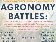 A screencap of a poster promoting the "Agronomy Battles" series of three meetings sponsored by Farming Smarter across southern Alberta on the subjects of cover crops, strip tillage and herbicide resistance.