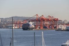 Looking across the harbour at a container ship moored at the Port of Vancouver.