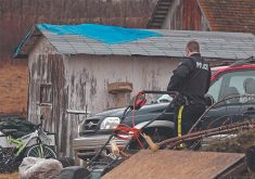 An RCMP officer looks around a cluttered rural yard.