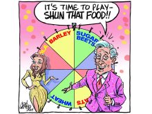 An editorial cartoon showing a tv game show host and his lovely assistant standing in front of a wheel with crops like barley, sugar beets, canola and wheat on it.